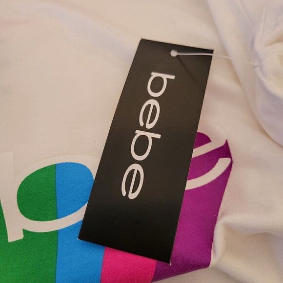 Bebe Womens White Tee With Rainbow Logo (Size L) - Picture 7 of 8